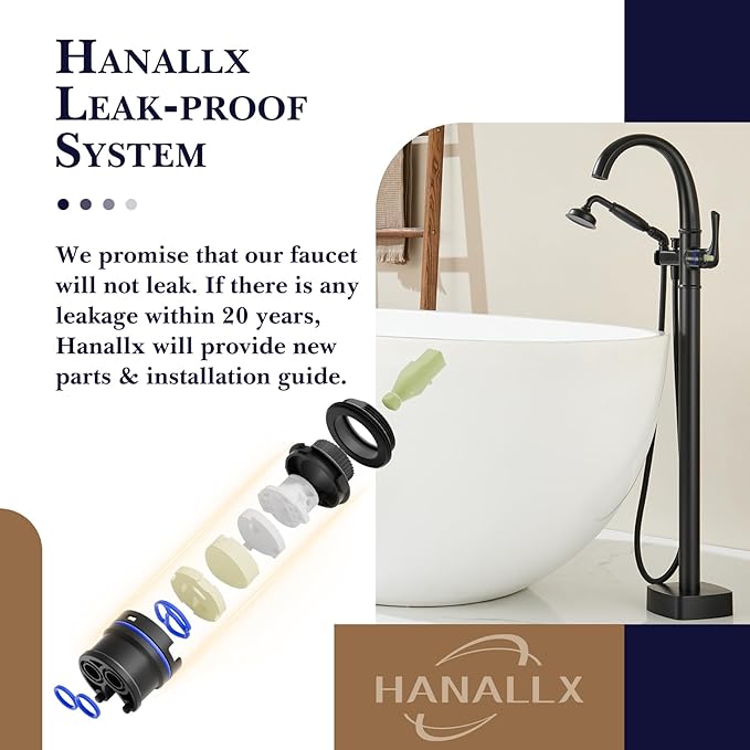 Free Standing Tub Faucet, Hanallx Luxury Matte Black Freestanding Bathtub Faucet with Sprayer, Premium Brass High Flow Rate Floor Mount Tub Filler Swivel Spout, Roman Tub Faucet Set（HM88011-BK）