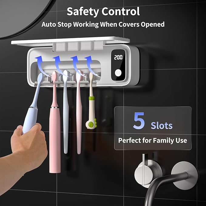 Toothbrush Sanitizer and Holder, UV Toothbrush Sanitizer Holder for Bathroom with 5 Slot, Timer Function, 2000mAh Rechargeable Toothbrush Cleaner Holder Wall Mounted Without Drilling