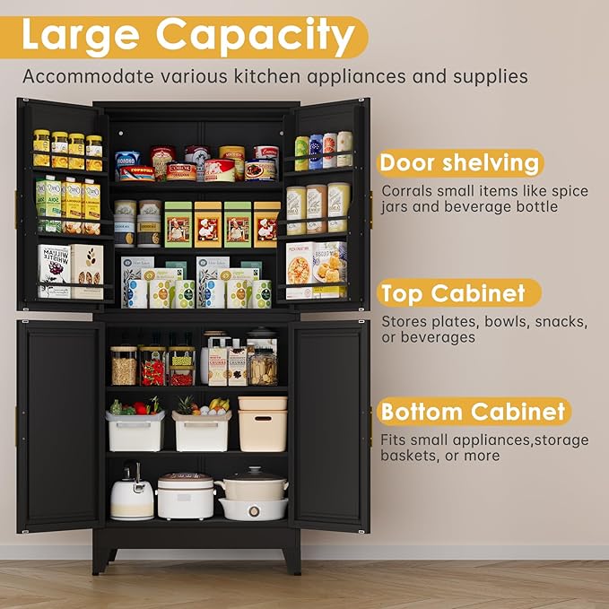 75" Tall Metal Kitchen Pantry Storage Cabinet, Freestanding Cupboard Storage Cabinet with 4 Doors and 4 Adjustable Shelves, Large Stand Up Food Cupboard for Dinning Room, Bathroom（Black）