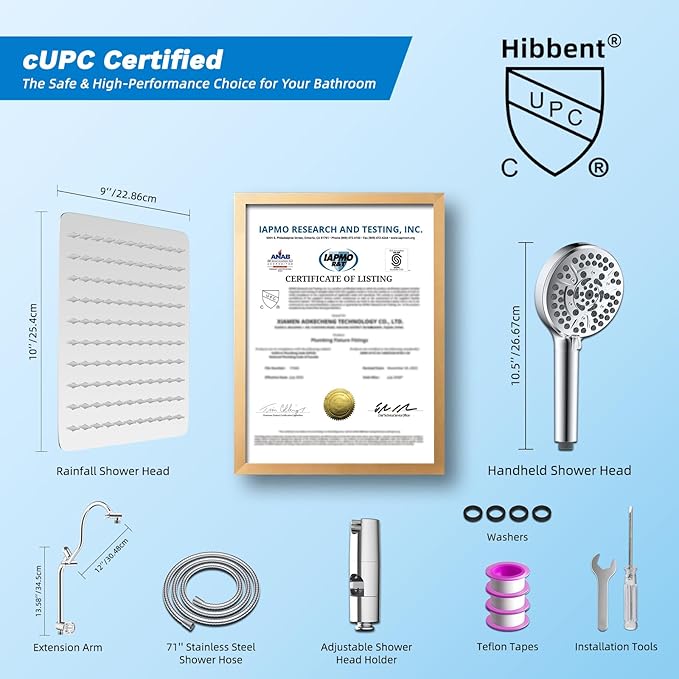 Hibbent cUPC Certified All Metal 10" Rainfall Showerhead Combo, High Pressure Shower Head with 10-Spray Mode Handheld, Innovative 4-way Diverter with Pause Mode, 71'' Shower Hose and Holder, Chrome