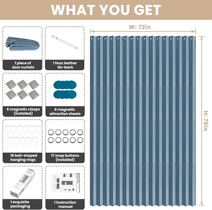 Accordian Door Curtain, 100% Blackout Folding Magnetic Doorway Curtains,Linen Style Closet Doors,for Room Divider,Privacy Protection（W72 x L78,Blue,1 Panel）