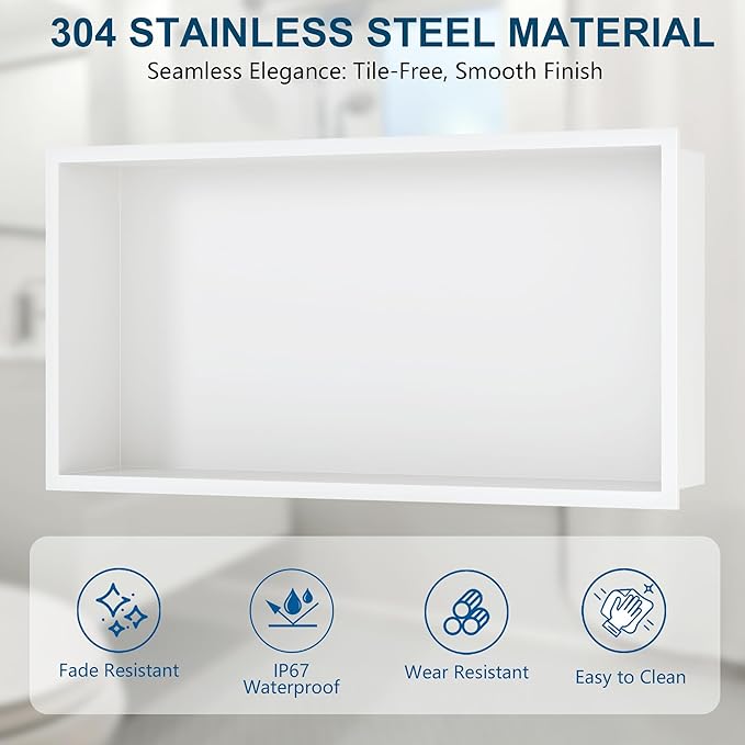 Neodrain White Recessed Shower Niche Shelf Bathroom Cabinet in Wall (Inner Size 24" X 12"x4") Stainless Steel No Tile Needed Wall Niche for Bathroom Storage