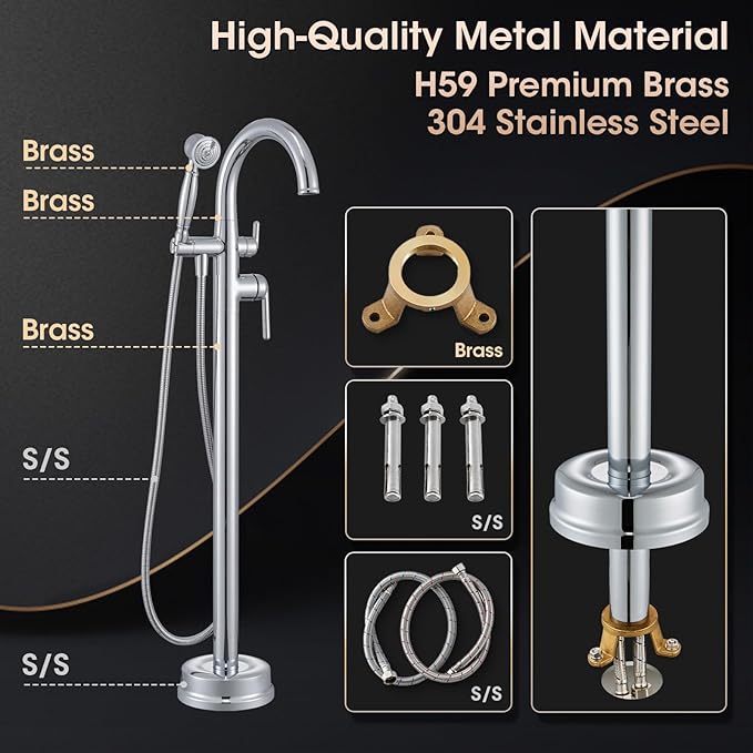 Free Standing Bathtub Faucet Brass Bathtub Faucets High Flow Soaker Tub Faucet with Vintage Handheld Sprayer Polished Chrome