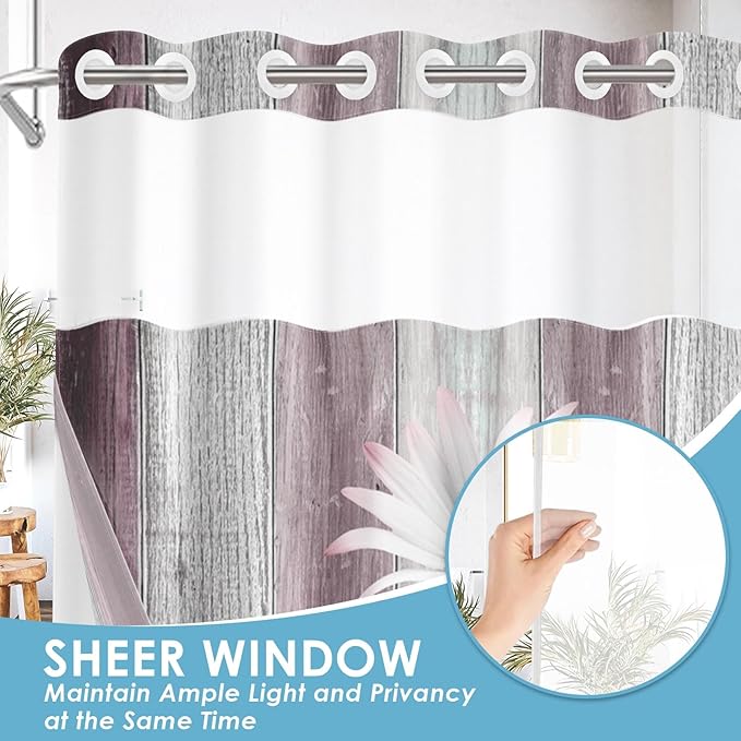No Hook Flower Daisy Shower Curtain with Snap in Fabric Liner Set, Pink Rustic Farmhouse Double Layers Waterproof Fabric with See Through Top Window Open Grommet Bath Curtain 54x80 Inch