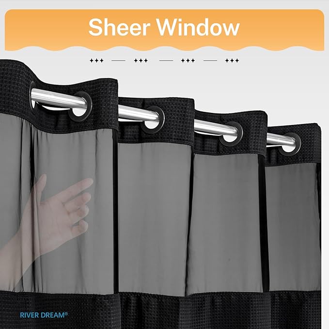 River Dream Heavyweight No Hooks Required Dotted Waffle Weave Shower Curtain with Snap in Liner -Stall 54W x 80H,Hotel Grade,Spa Like Bath Curtain,Black
