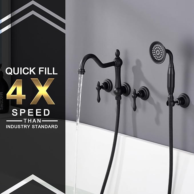SUMERAIN Matte Black Wall Mounted Bathtub Faucet with Sprayer, Traditional High Flow Tub Faucet Set,Rough-in Valve Included