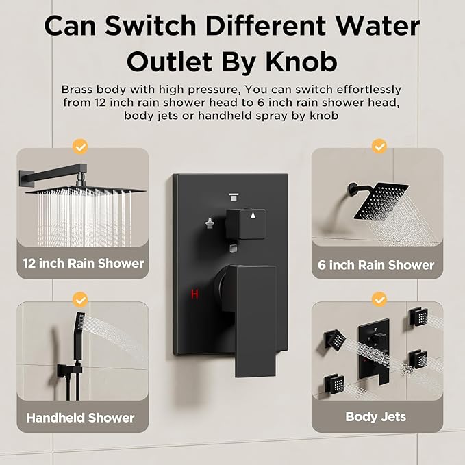 Shower Systems with 4 Body Spray Jets, STARBATH 4 Way 12+6" Rainfall Shower Head with Handheld Combo, Wall Mounted Shower Jets System Shower Faucet Sets Complete, Matte Black