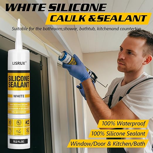 White Advanced Silicone Caulk, 100% Waterproof Silicone Sealant Indoor Outdoor Caulking for Window, Door, RV, Roof, Auto & Marine, Kitchen, Bathroom, Glass,15.2 oz（6-Pack） No Odor