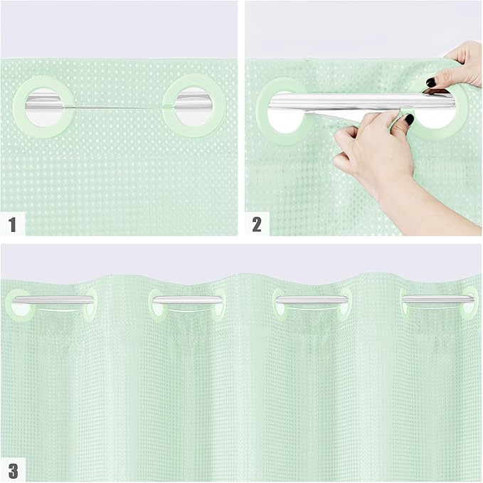 MitoVilla Green Waffle Small Stall Shower Curtain Liner Set 36 x 74, No Hooks Required Half Size Narrow Fabric Cloth Shower Curtain Set with Snap-in Liner for Modern Bathroom Decor, Mint Green
