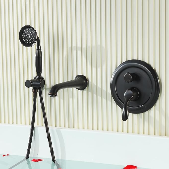 DASAN Antique Wall Mount Tub Filler Faucet with Hand Held Shower, Oil Rubbed Bronze Bathtub Faucet with Sprayer Wall Mounted Roman Bath Tub Faucet Set with High Flow Rough in Valve, AT201TF-ORB