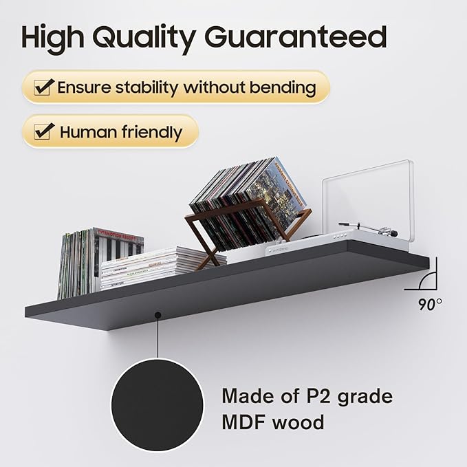 Floating Shelf, Set of 3 Wall Shelf, 24 in W x 12.75 in D x 2 in H Wooden Floating Wall Shelf with Invisible Brackets for Living Room/Bedroom/Bathroom/Kitchen Storage and Decor, Black