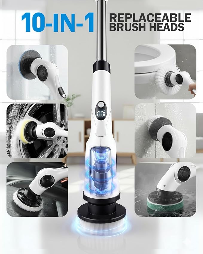 Electric Spin Scrubber, 3-Speed Cordless Shower Scrubber with 90° Adjustable & 10 Replaceable Brush Heads, 90 Mins Runtime & Full-Body IPX7 Waterproof Shower Cleaner Brush with Long Handle