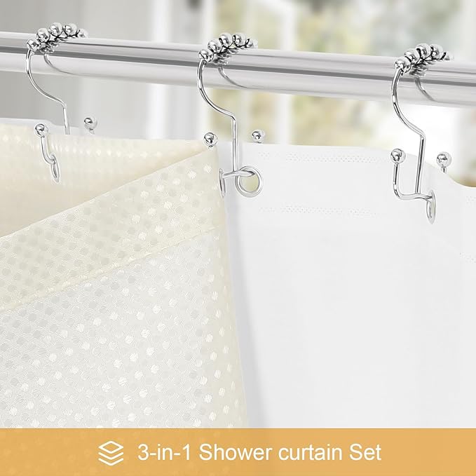 3 in 1 Stall Half Size Cream Shower Curtain Set-36 W x 72 H, Ivory Waffle Waterproof Fabric and PEVA Liner Set with Stainless Steel Hooks