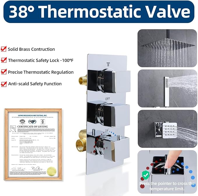 HOMEDEC Brass 3 Way Shower Diverter Valve, Thermostatic 3 Handle Control Shower Mixing Valve Trim Kit Replacement, Rough In, Chrome