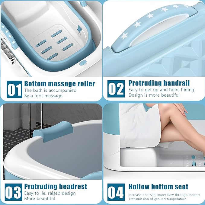 Portable Bathtub, 39 inch Portable Folding Bathtub for Adult, Portable Soaking Bath Tub with Ergonomic Seat & Massage Roller, Freestanding Surround Collapsible Tub for Hot Bath Ice Bath (Blue)
