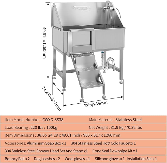 38" Dog Washing Station Large Dogs Grooming Tub Professional Stainless Steel Dog Bathtubs Bathing Tub Pet Washing Station for Home with Steps,L-Door