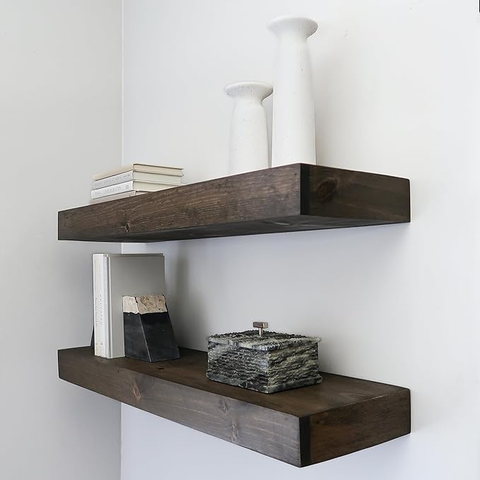 Urbandi Modern Floating Shelves 3 Inches Thick for Wall, Wide Shelves for Kitchen, Living Room, Bedroom, and Bathroom, Natural Pine Wood, Rustic Wooden Shelf, (Set of 2) (Jacobean, 60Lx3Hx6D)