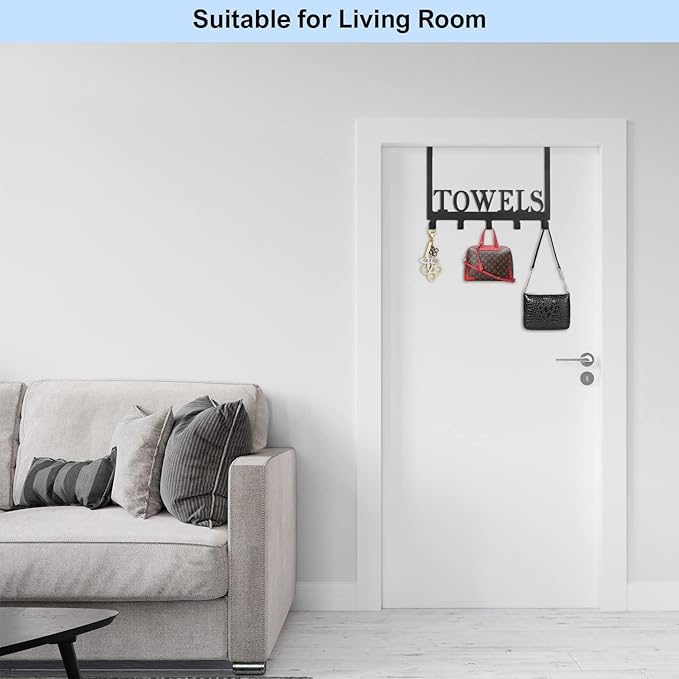 Over The Door Hooks, Towel Rack for Bathroom Towel Holder for Hanging Heavy Duty,Towel Hanger with 5 Hooks for Bedroom Bathroom Kitchen, Black