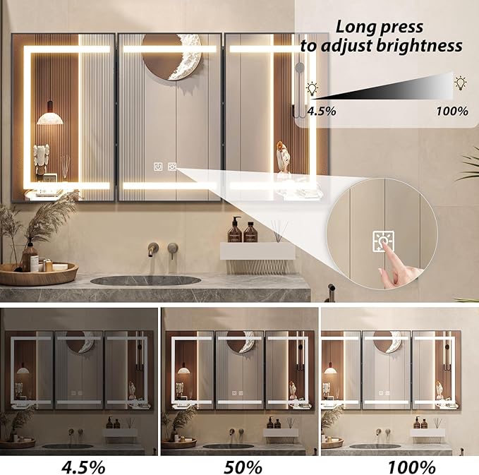 APRILSOUL 60X32 Inch Black Bathroom Medicine Cabinet with Mirror, Recessed or Surface Lighted Medicine Cabinet with 3 Colors Temperature, Dimmable Light