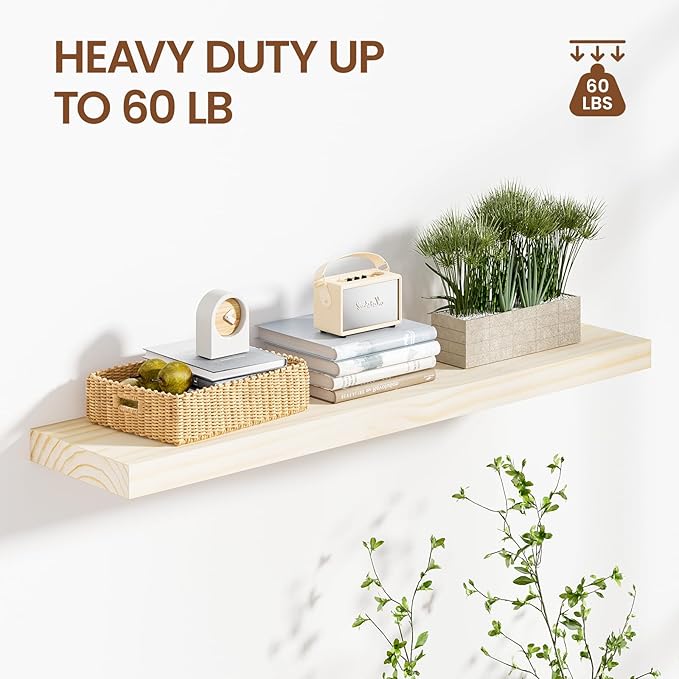 Heimlove 36 inch Floating Shelves for Wall,2 Packs Natural Pine Solid Wood Floating Shelves, 8 inches Deep Wooden Shelves for Kitchen Bedroom Office & Living Room Display Wall Decor