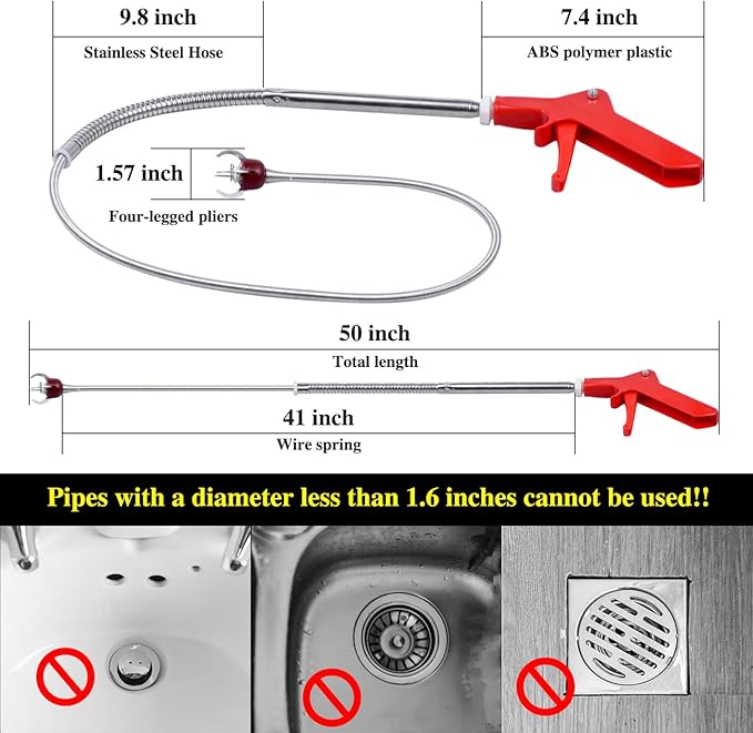 50 Inch Toilet Snake Drain Auger Cleaner Tool, Upgraded Grabber Unclogger Tool, Toilet Auger Grabber, Stainless Steel Telescoping Rod for Pick/Grab Objects Clogged in Toilet Pipes/Drain