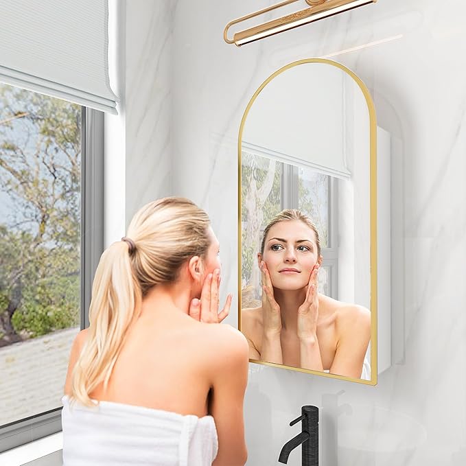 FKWin Gold Bathroom Medicine Cabinet for Left or Right Opening, Surface Mount Medicine Cabinet not Recessed, Modern Vanity Bathroom Mirror with Storage, Gold, 24x36 inch
