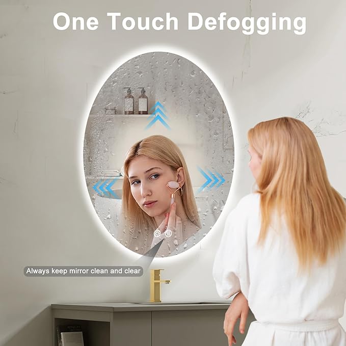 32 X 24 Inch Oval Backlit LED Bathroom Mirror Anti-Fog 3 Colors Light Dimmable Wall Mounted Lighted Bathroom Vanity Mirror Smart Makeup Mirror with Touch Switch