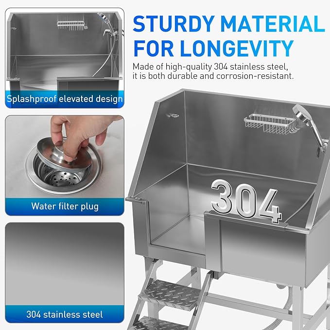 Redriver Stainless Steel Dog Washing Station, 38-Inch Dog Bathing Station Bath Tub, Pet Grooming Bath Tub with Left Ramp & Showerhead & Faucet & Soap Holder for Large Medium Pets (Up to 220LBS)
