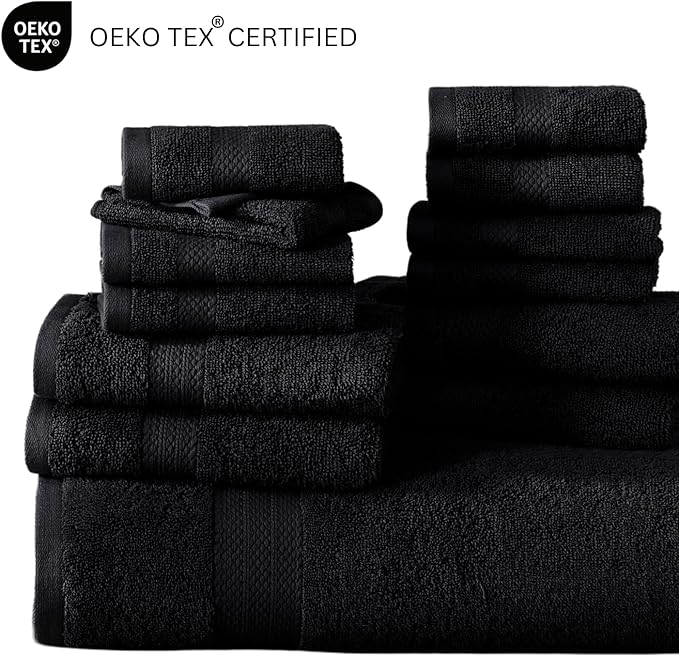 LANE LINEN 100% Cotton Luxury Towel Set for Bathroom - 16 Pieces, Ring Spun - Super Plush, Very Soft & Absorbent - 4 Bath Towels, 8 Washcloths, 4 Hand Towels - Suitable for All Skin Types - Black
