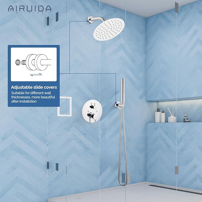 Airuida Shower Fixtures 2 Functions Shower Faucet Set Wall Mounted for Bathroom High Pressure Brass Handheld Shower with Rough-in Valve Round Rainfall 8 Inch Shower Head Chrome Polish