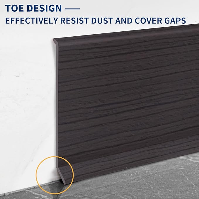Flexible Baseboard Molding Trim 4 Inch Self-Adhesive Vinyl Wall Base Peel and Stick Cove Base Rubber Wall Baseboard Moulding Trim (60Ft, Dark Walnut Wood Grain)