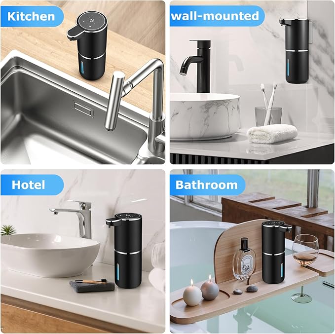 Automatic Soap Dispensers,12.8oz/380ml USB Touchless Automatic Foaming Soap Dispenser,Rechargeabled Wall Mounted Smart Soap Dispenser for Bathroom Kitchen Dish Soap(Black)