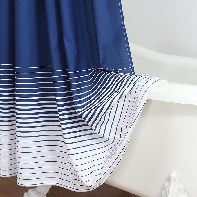 Blue Shower Curtain, Modern Navy Blue and White Gradient Horizontal Stripe Waterproof Polyester Shower Curtains for Bathroom, 72x72 Inches