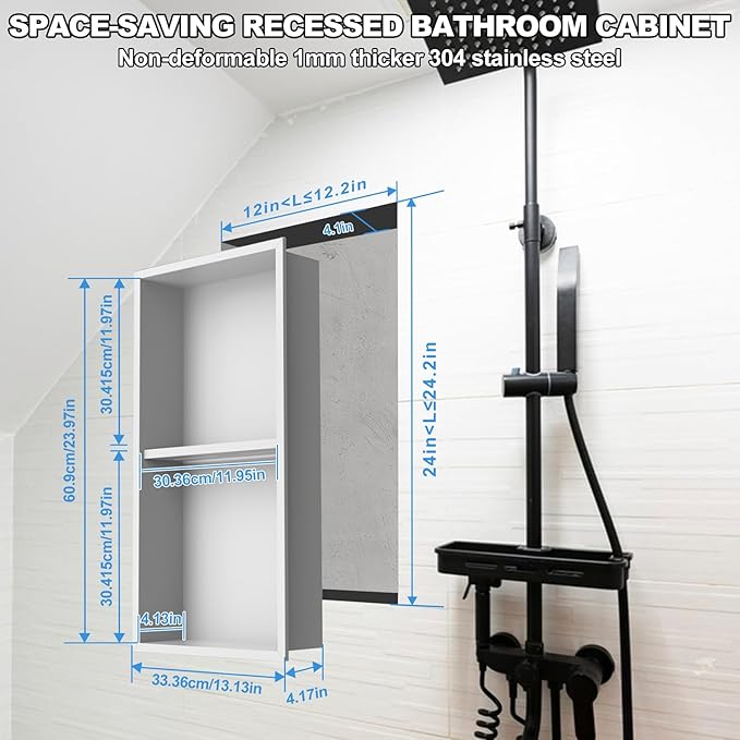 304 Stainless Steel Shower Niche Insert-24 x 12" No Tile Needed Bathroom Niche for Shower Wall-Double Shelves Built in Shower Shelf-Waterproof Recessed Cabinet for Bathroom Living Room Study Kitchen