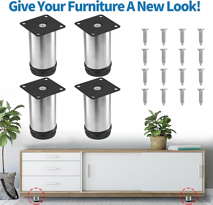 4 Inch Metal Furniture Legs Stainless Steel Adjustable Legs Silver Table Legs Round Cabinet Legs for Coffee Table Cabinet Desk Sofa Shelves, Pack of 4