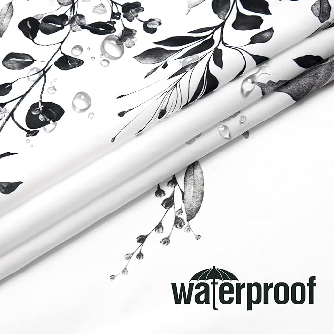 Gibelle Long Shower Curtain 72 x 78, Black and White Floral Shower Curtain, Watercolor Plant Eucalyptus Leaves Fabric Shower Curtain Set