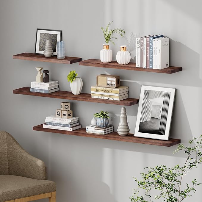 SAUMONIERES Floating Shelves 8 Inch Deep Solid Wood Wide Wall Shelf Set of 1 Wall Mounted for Bedroom Bathroom Living Room Kitchen, 48 Inch Walnut