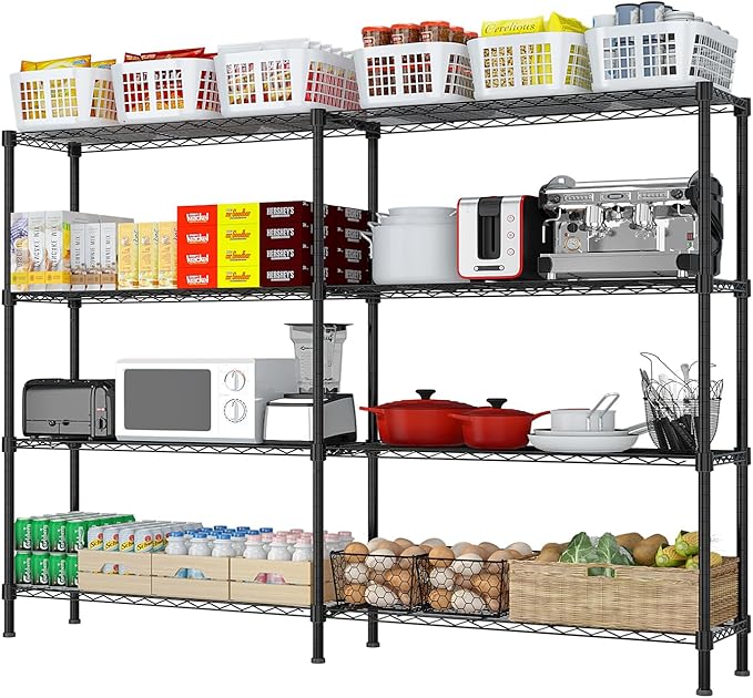 4 Tier Storage Racks Shelving, Heavy Steel Pantry Shelves, Adjustable Wire Shelving Rack, Suitable for Garage, Kitchens, Offices, 58" W x 14" D x 59" H, Black