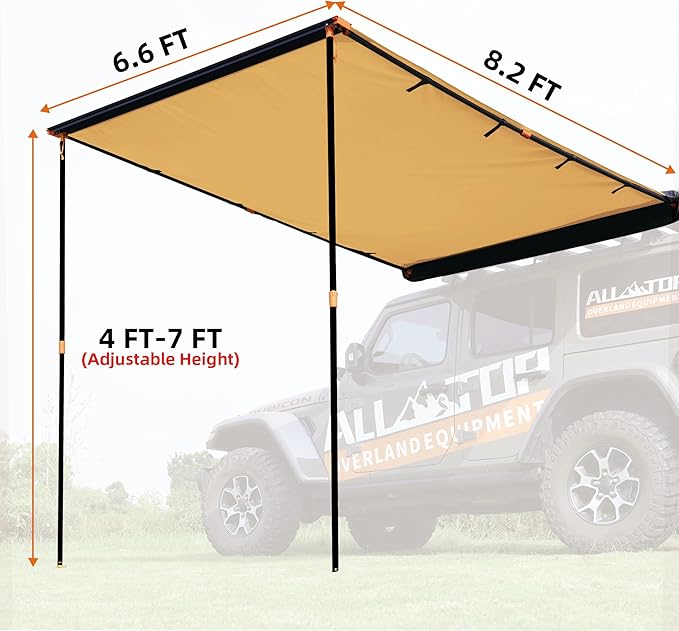 ALL-TOP Vehicle Awning 6.6'x8.2' Roof Rack Pull-Out Sun Shade UV50+, Weatherproof 4x4 Side Awning for Camping & Overland (Hardware Included)