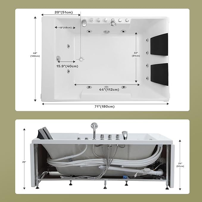 Empava 72" x 48" Whirlpool Tub, 2 Person Jetted Bathtub, Hydro Massage & Chromatherapy [ETL Certified], 3 Sided Apron, Acrylic , 1125 Watt, 110 Gallons, Left Drain