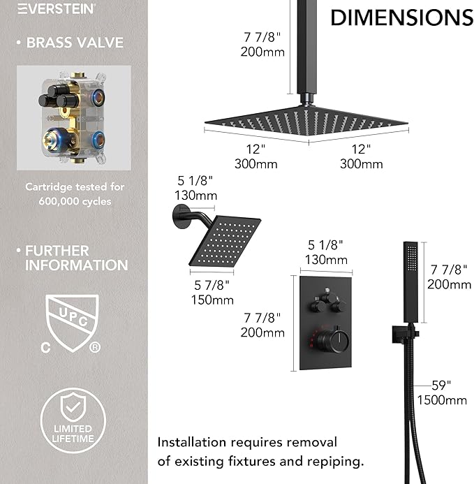 Ceiling Mount 12" High-Pressure Rainfall Shower Faucet, Dual Rainfall Shower Head System with Valve (Matte Black)