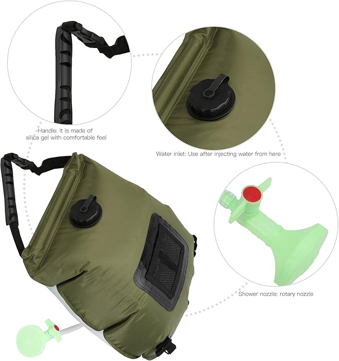 Outdoor Solar Heated Shower Bath Bag, Portable Camping Water Storage Bags with Thermometer, 20L PVC Foldable Shower Bag for Hiking Travel Beach Swimming, Includes Hose Nozzle and M