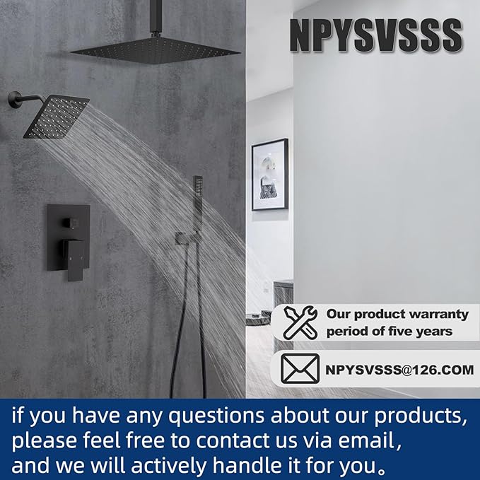 Shower System Dual Shower Heads with 12" Ceiling Mounted Rain Shower Head & 6" Wall Mounted Head Full Body Luxury Rain Shower System 3 Way Pressure Balance Valve Kit, Matte Black