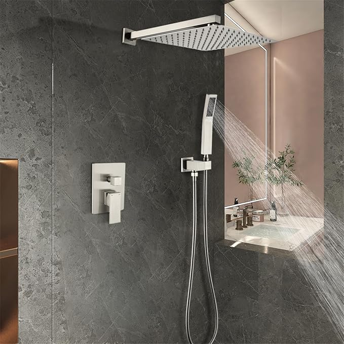 WELLFOR Wall Mounted Shower Faucet Set, Bathroom Showers Faucets, Shower System With 10" Square Rain Shower Head and Handheld, 2.5 GPM, Rough in Valve, Hot Cold Water, Single Handles (Brushed Nickel)