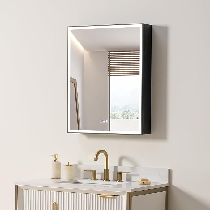 WELLFOR 24" X 30" LED Mirrored Medicine Cabinet, Medicine Cabinets with Lights for Bathroom, Defogging Mirror, Led Medicine Cabinet, Recessed or Surface Mounted, Single Right Opening Door