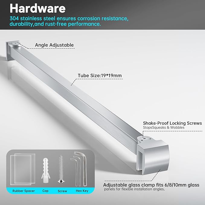 Frameless Shower Door Support Bar, Stainless Steel Wall-to-Glass Support Arm to Fixed Shower Glass Panel, for 1/4"-3/8" (6-10 mm) Door, 180° Pivot & Stow-Flat Mode (Brushed Nickel, 27.6-inch(700mm))