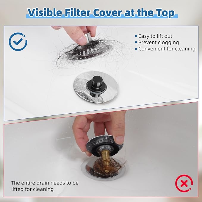 Universal Bathtub Drain Stopper Shower Drain Hair Catcher with Visible Top Strainer, Upgraded 3 in 1 Pop-up Tub Stopper Drain Plug Fit for 1.5 to 2.4" Hole, Stainless Steel Filter Basket
