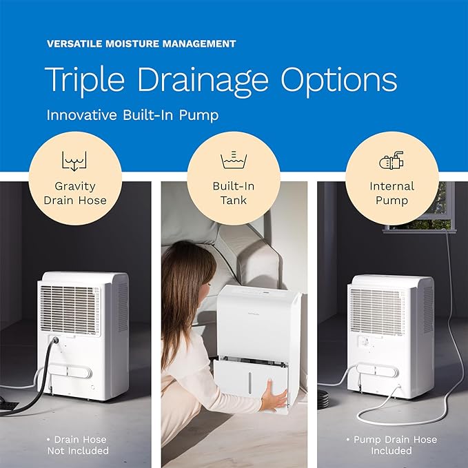 hOmeLabs Dehumidifier for Home, Office, Basements with Powerful Moisture Removal, Humidity Control, Auto Shut-off, Quiet Operation - 7,500 Sq Ft Wi-Fi with Pump (50 Pint MAX 120 Pint at 95°F, 90% RH)