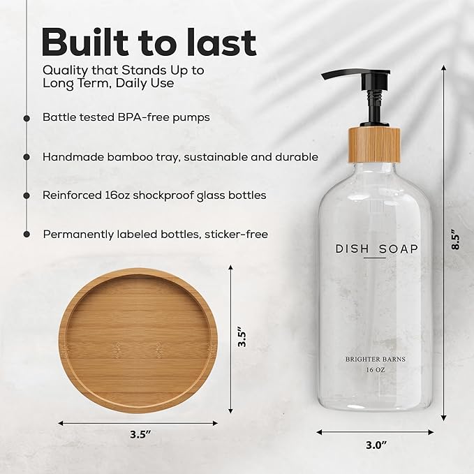 Clear Glass Dish Soap Dispenser by Brighter Barns - Kitchen Sink Set With Bamboo Tray - Modern Decor and Accessories, Minimalist Neutral Home (Clear)