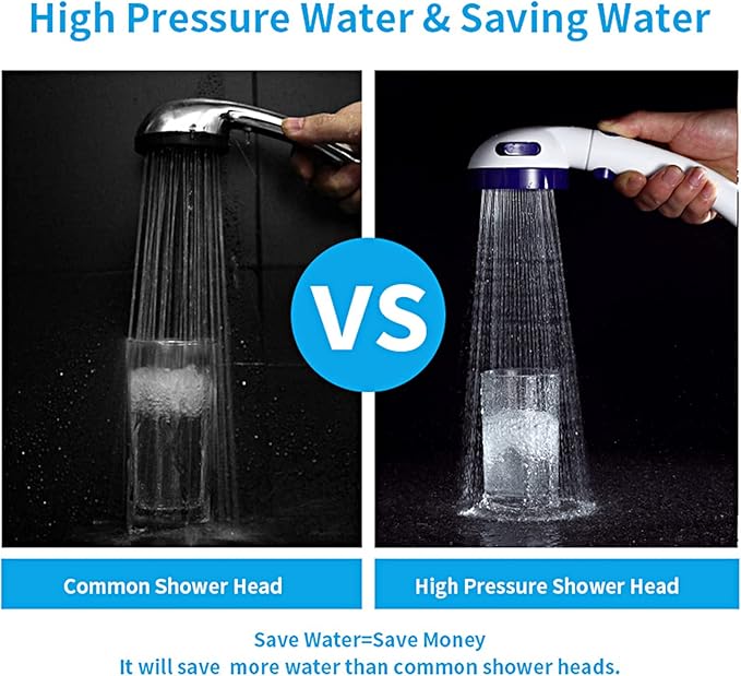KAIYING High Pressure Handheld Shower Head with ON/OFF Pause Switch, 3 Spray Modes Shower Wand with Shut Off Button, Removable Camper Shower Head with Hose and Adjustable Angle Bracket (White & Blue)